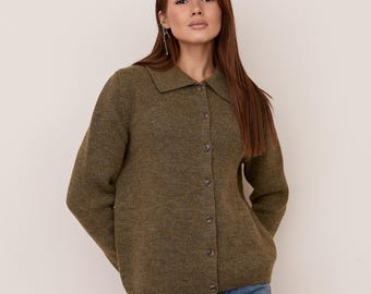 Womens Wool Knit Cardigan, Collared Button Sweater, Classik Long Sleeve Cardigan, Everyday Warm Knitwear