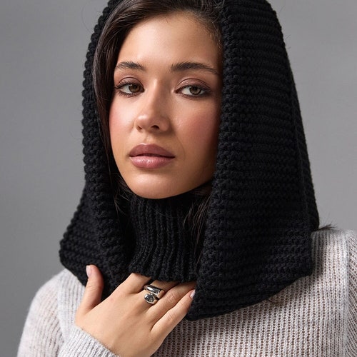 Black Hooded Scarf, Turtleneck Hoodie, Knit Balaclava, Hooded Cowl