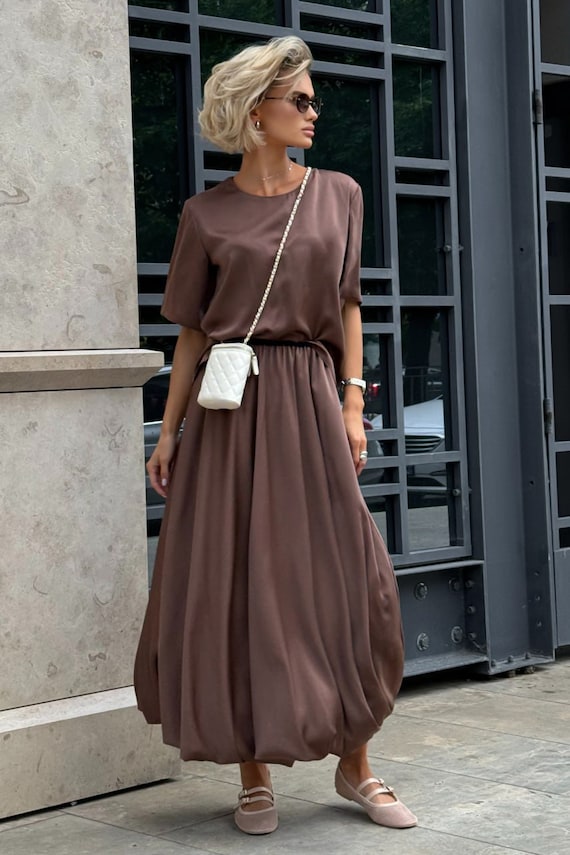 Bubble Maxi Skirts for Women Silk Skirts A Line Long Pleated