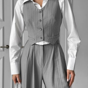 Formal Event Suit for Women, Striped Pants Set, Sleeveless Classic Vest, Palazzo Pants, Business Suit, Casual Suit