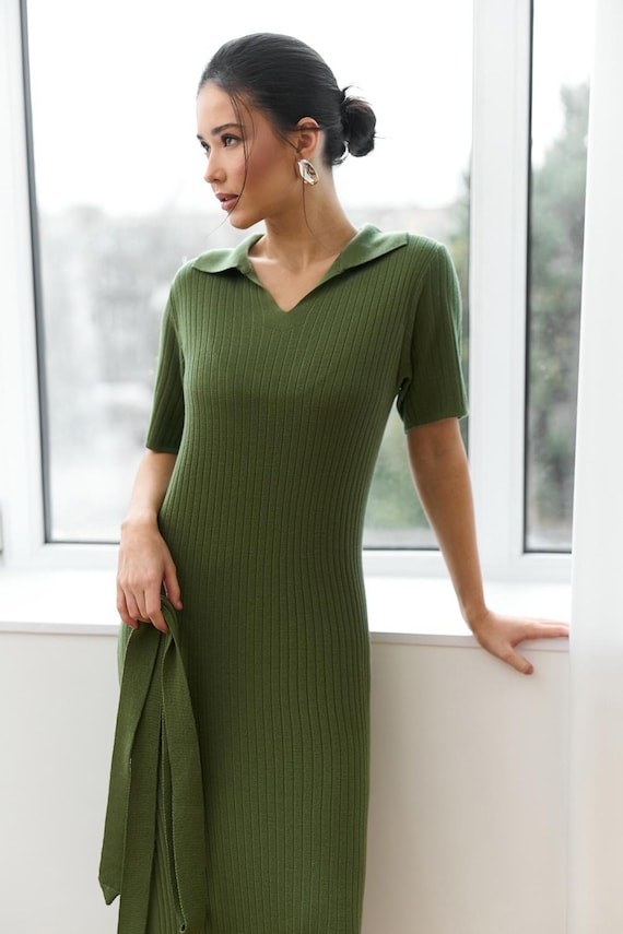 polo collar rib knit midi dress Dress, Cotton Lightweight Sweater Dress, Ribbed Boohoo
