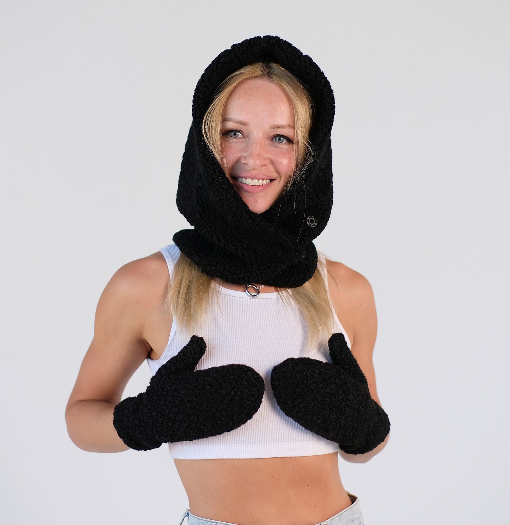 Hooded Scarf Mittens Set, Hooded Cowl, Womens Mittens