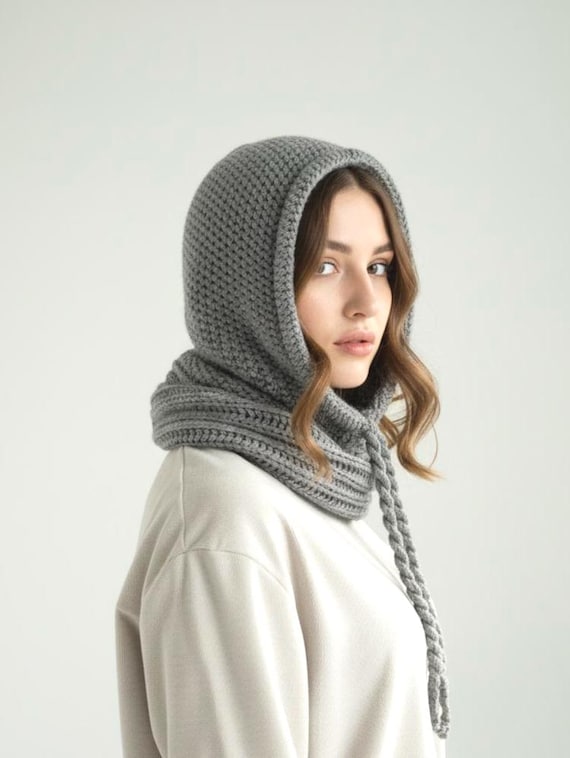 Grey Wool Balaclava Hat, Women Knit Balaclava, Knitted Women  display picture 1