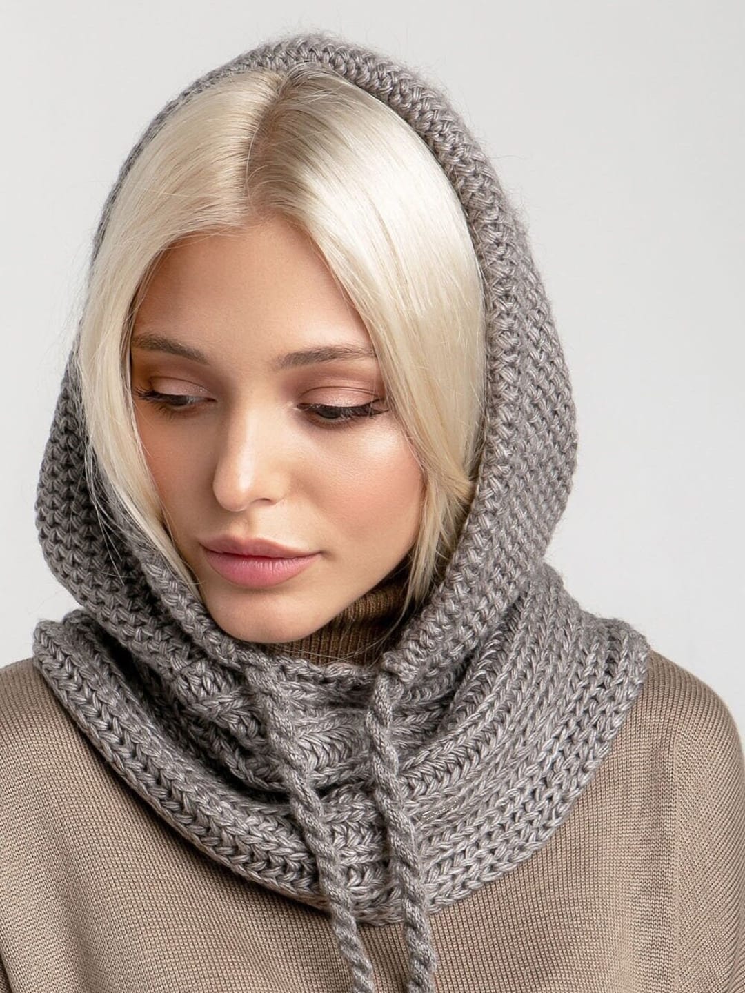 Cagoule Bonnet En Laine Tricoté Femme – Capuche Écharpe 2-en-1 – Chaud Pour Ski Et Hiver