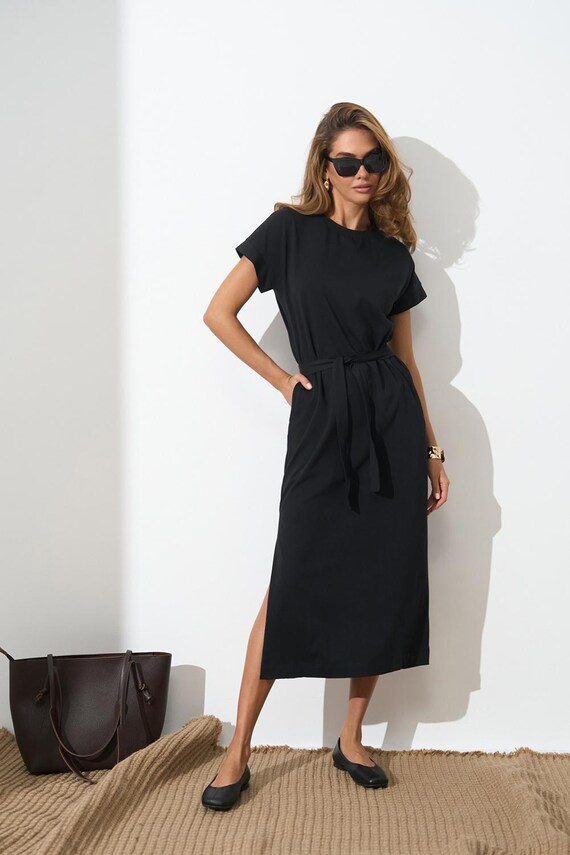 T-shirt Dress With Belt, Cotton Summer Lounge Dress With Pockets