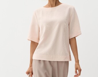 Linen Top Women, Elbow Sleeve Blushed Blouse, Relaxed Summer Top, Minimalist Lightweight Shirt
