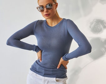 Sheer Fitted Top, Long Sleeves, Fitted Long Sleeve Tee, Casual Top, Blue Party Top, Edgy Tops, Classic Fitted Blouses