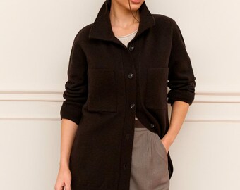Womens Mohair Cardigan, Knit Wool Shacket, Oversized Button Up Top, Soft Structured Shirt Jacket
