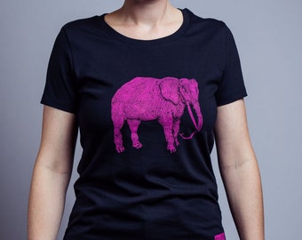 Camisa orgánica mujer elefante de NanMa con serigrafía, manga corta, estampada a mano, ecológica, camisa justa, algodón orgánico, camiseta de mujer, moda mujer