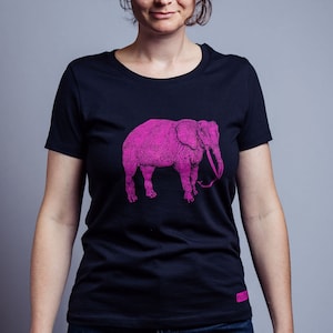Elephant women&#39;s T-shirt made of organic cotton, short sleeves, hand screen printed, sustainable gift for women