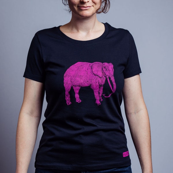 Chemise bio femme éléphant de NanMa avec sérigraphie, manches courtes, imprimé main, écologique, chemise équitable, coton bio, T-shirt femme, mode femme