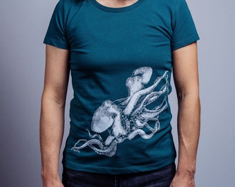 Bio Shirt Damen Oktopus von NanMa mit Siebdruck, Kurzärmelig, handgedruckt, öko-shirt,  fairshirt, Bio-Baumwolle, Frauen T-Shirt, Damen Mode