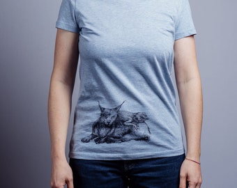 Frauen Bio T-Shirt mit Luchs und Echsen Siebdruck, ökologisch, handgedruckt, fair Shirt, bio Baumwolle, NanMa,  Frauen T-Shirt, Damen Mode