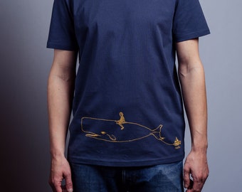 Camisa orgánica ballena de hombre de NanMa con serigrafía, manga corta, impresa a mano, ecológica, camisa justa, algodón orgánico, camiseta de hombre