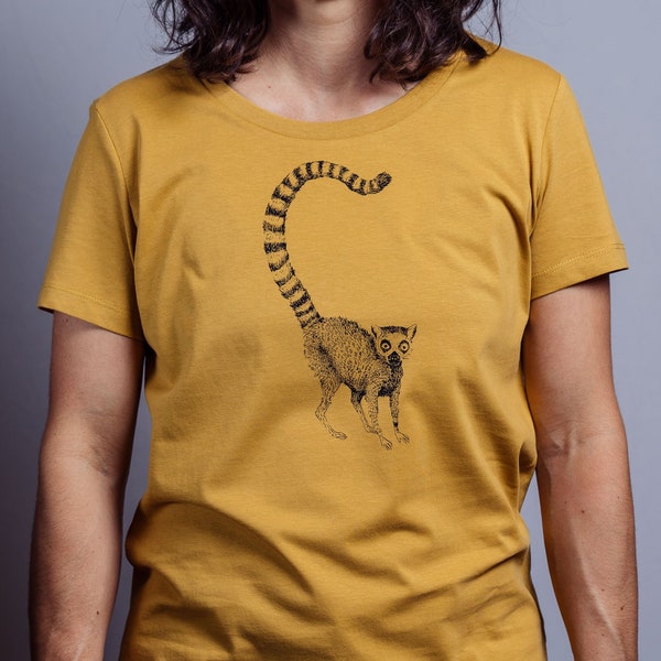 Women's organic t-shirt lemurs screen print, ecological, hand printed, fair shirt, organic cotton, Nanma, women's t-shirt, women's fashion, screen printed shirt