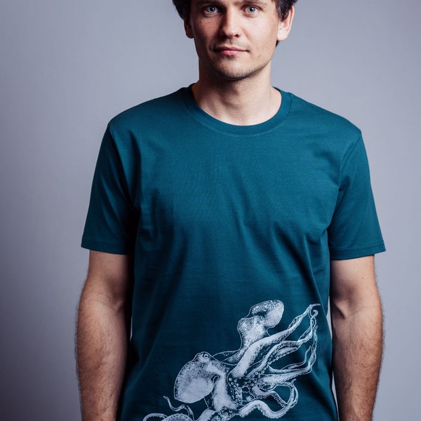 Chemise bio poulpe homme par NanMa avec sérigraphie, manches courtes, imprimée à la main, écologique, chemise équitable, coton bio, t-shirt homme