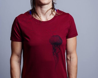 Bio Shirt Damen Qualle von NanMa mit Siebdruck, Kurzärmelig, handgedruckt, ökologisch,  fairshirt, Bio-Baumwolle, Frauen T-Shirt