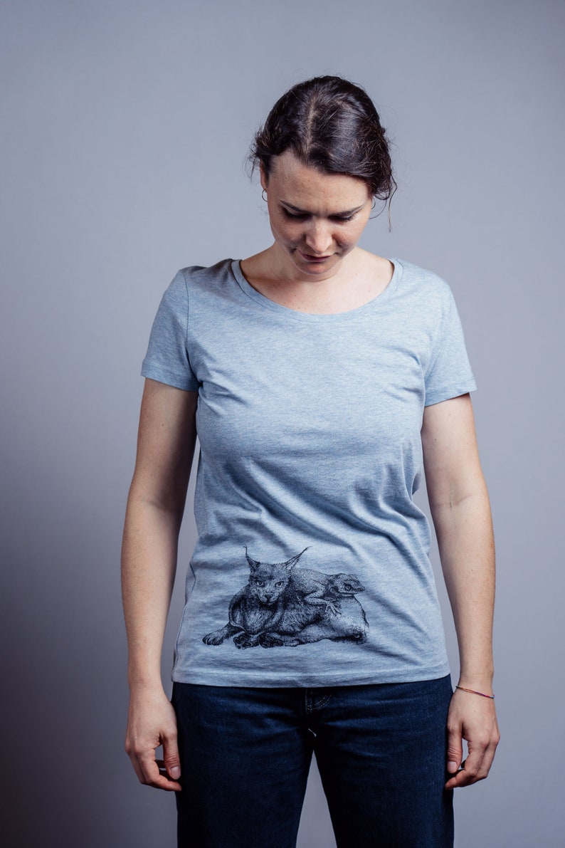 Frauen Bio T-Shirt mit Luchs und Echsen Siebdruck, ökologisch, handgedruckt, fair Shirt, bio Baumwolle, NanMa, Frauen T-Shirt, Damen Mode Bild 6