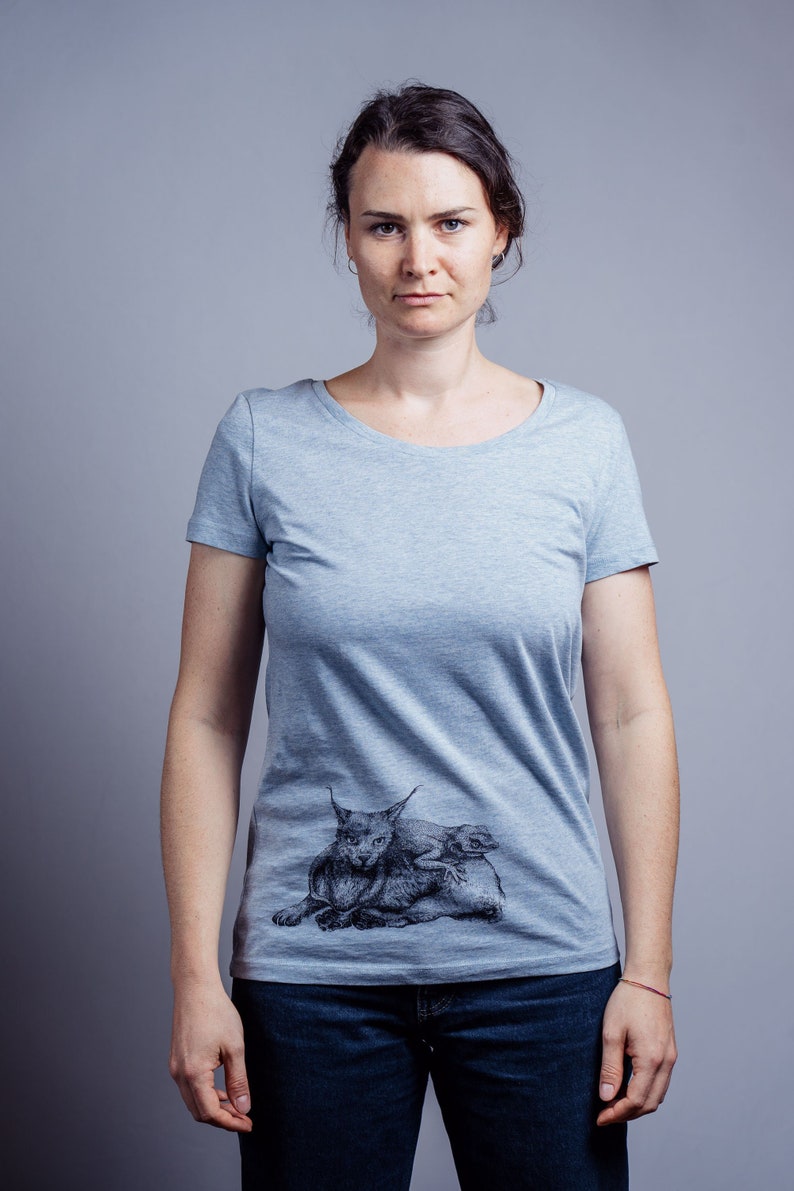 Frauen Bio T-Shirt mit Luchs und Echsen Siebdruck, ökologisch, handgedruckt, fair Shirt, bio Baumwolle, NanMa, Frauen T-Shirt, Damen Mode Bild 1