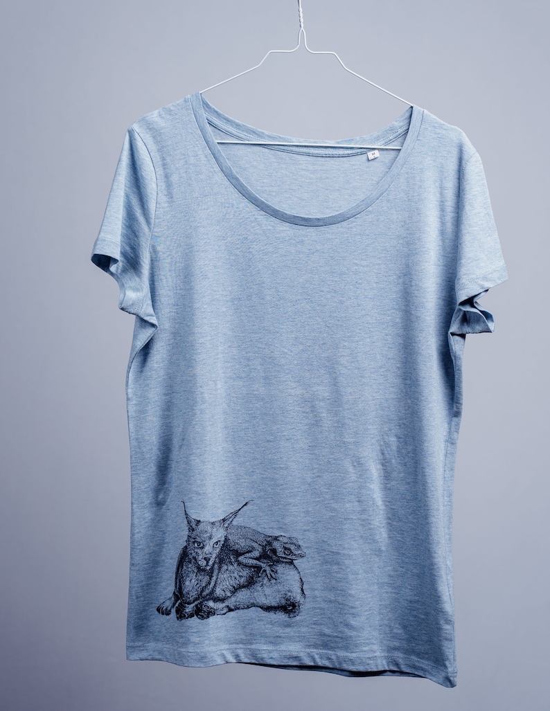 Frauen Bio T-Shirt mit Luchs und Echsen Siebdruck, ökologisch, handgedruckt, fair Shirt, bio Baumwolle, NanMa, Frauen T-Shirt, Damen Mode Bild 2