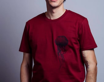 Camisa orgánica hombre Jellyfish de NanMa con serigrafía, manga corta, estampado a mano, fairshirt, algodón orgánico, camiseta de hombre, moda masculina