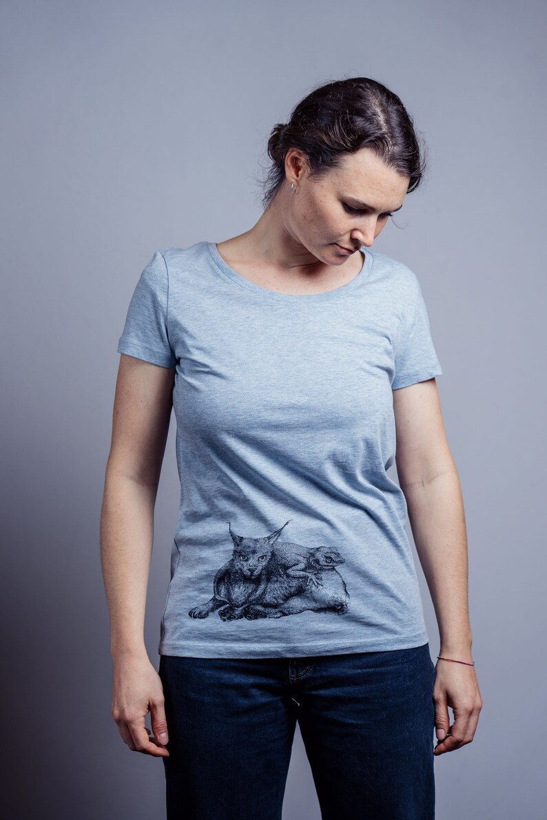 Frauen Bio T-Shirt mit Luchs und Echsen Siebdruck, ökologisch, handgedruckt, fair Shirt, bio Baumwolle, NanMa, Frauen T-Shirt, Damen Mode Bild 4