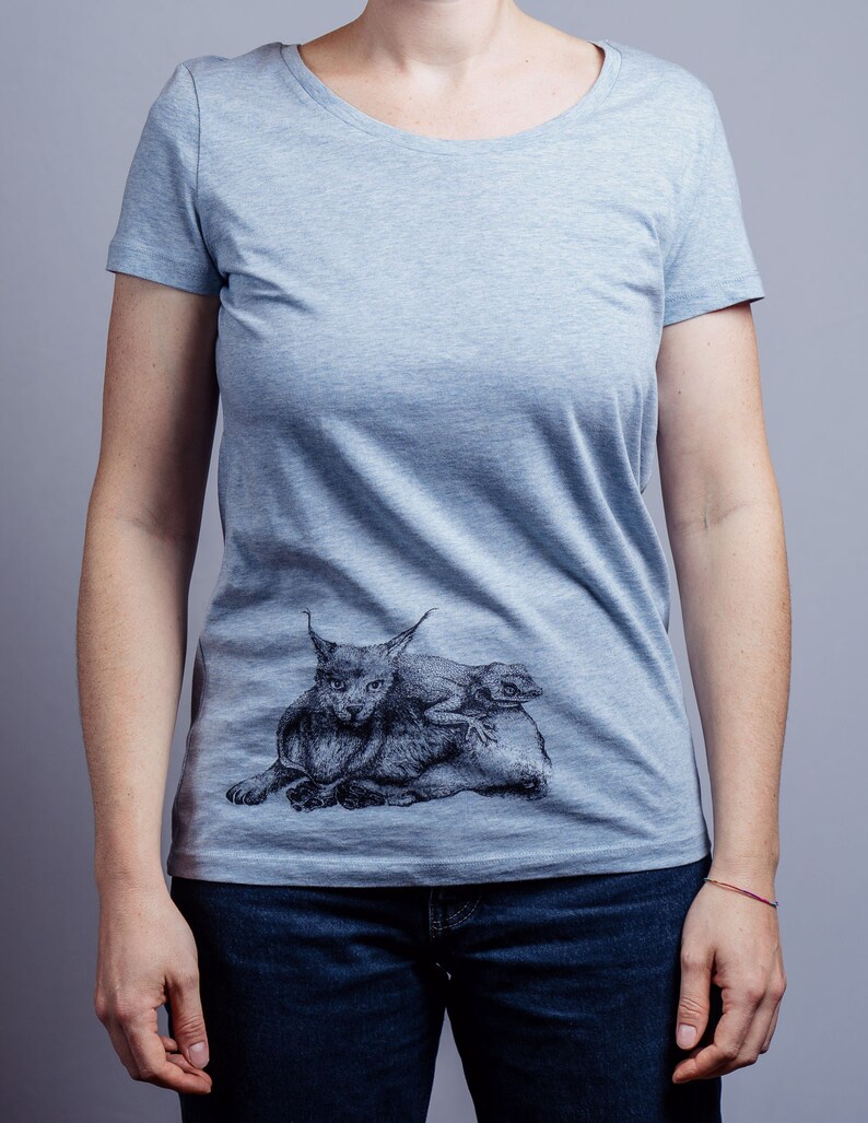 Frauen Bio T-Shirt mit Luchs und Echsen Siebdruck, ökologisch, handgedruckt, fair Shirt, bio Baumwolle, NanMa, Frauen T-Shirt, Damen Mode Bild 3