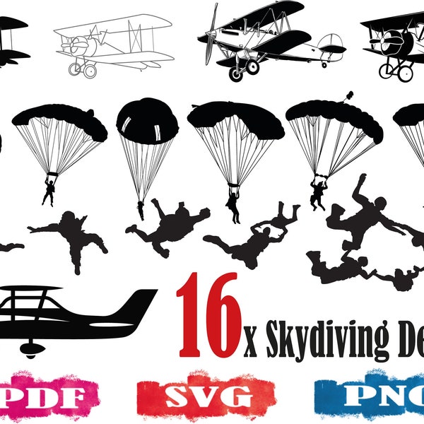 Skydiving SVG, parachute svg, silhouette de parachute, svg parachutiste, clipart de parachute, svg d’avion, fichier coupe de parachutiste, impression de parachute, svg de biplan