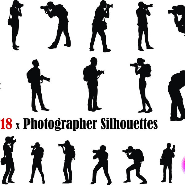 18 x Photographer Silhouette Bundle SVG,dxf,eps,psd,png,jpg,cricut,clip art,craft supplies,photoshooting silhouette,printable,cricut
