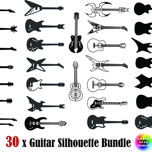 30x Guitar Silhouette Bundle SVG,eps,png,jpg,psd,guitars svg,guitar clip art,cut file,electric guitar,rock,cricut,vectorial,guitar cut file