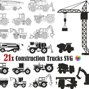 21x Construction truck SVG, crane svg, tractor svg, png,tractor cut files, excavator svg,contruction machinery silhouette, loader svg