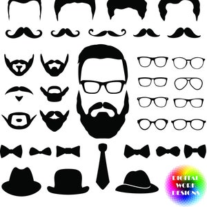 37 x Hipster Elemente Silhouetten Bundle SVG, Bart, Brille, Schleifen, Hüte, Schnurrbart, Dxf, Eps, Psd, Png, Jpg Cricut, ClipArt, Silhouette, druckbare