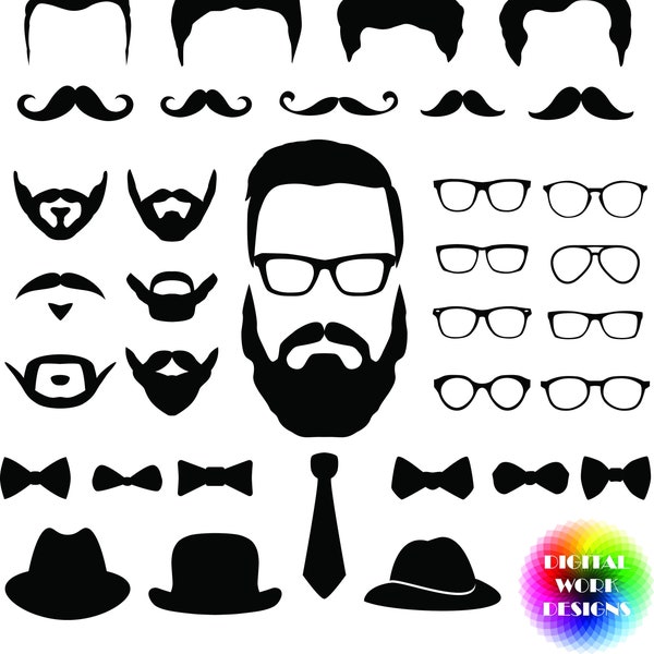 37 x Hipster Elements Silhouettes Bundle SVG,beard,glasses,bows,hats ,moustache,dxf,eps,psd,png,jpg cricut ,clip art ,silhouette,printable
