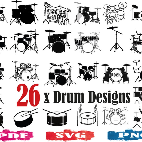 Tambour SVG | PNG | Silhouette de tambour | Caisse claire png | Logo de tambour | Éléments de batterie | Tambour png | Tambour de musique | Batterie | Rocher | Instruments | PDF