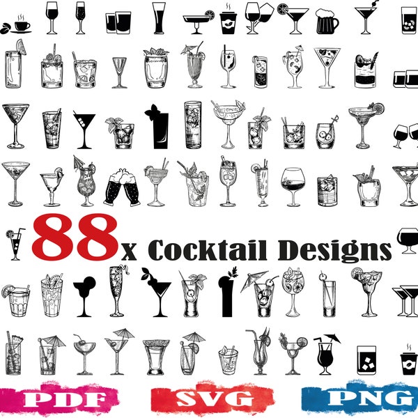 88x Cóctel SVG / Bebidas SVG / Silueta de cóctel / Coctelería clipart / Archivo de corte cóctel / Archivo de impresión de cócteles / Bebidas alcohólicas / Copa de vino