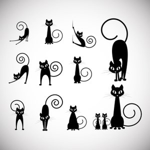 11 x Black Cats Silhouettes, siluette dei gatti digitale, printable silhouettes, decorazione di halloween