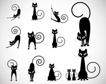 11 x Black Cats Silhouettes , digital cats silhouettes ,printable silhouettes ,halloween decoration