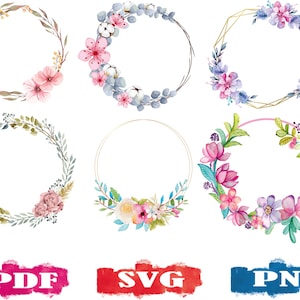 Couronne florale SVG | PNG | Couronne florale aquarelle | Couronne s'épanouir | Ornement floral | Couronne de mariage | Cercle floral | Bord floral | PDF