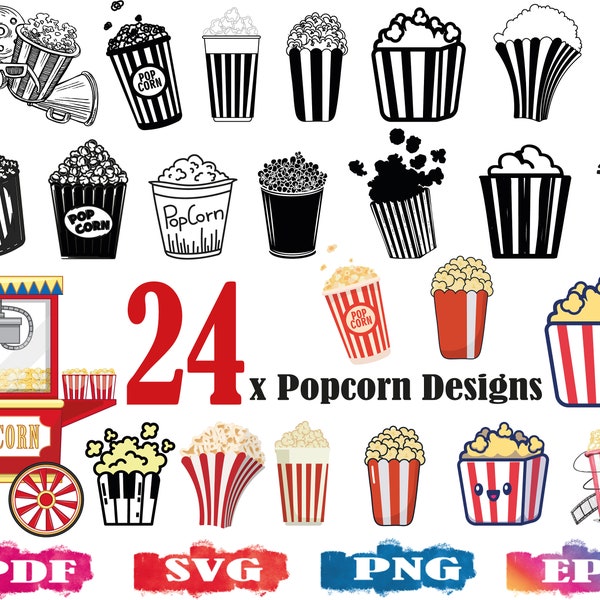 24x Popcorn SVG | Popcorn silhouette svg | Popcorn basket svg | Cinema SVG | Popcorn Clipart | Popcorn PNG | Popcorn Print File | pdf | eps