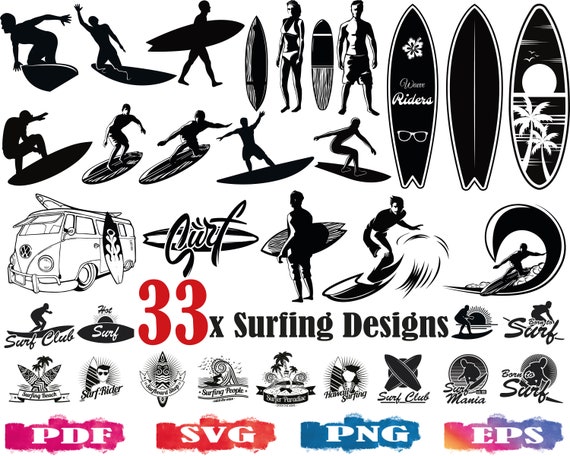 33x Surf SVG | Surfing silhouette | Surfer clipart | Surf Board SVG |  Hawaii svg | Surf Logo | Surf decal | Surf Van | Cut file | Print file