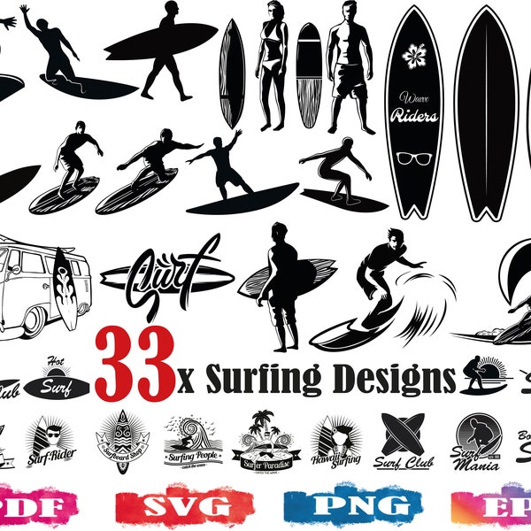 33x Surf SVG | Surfing silhouette | Surfer clipart | Surf Board SVG | Hawaii svg | Surf Logo | Surf decal | Surf Van | Cut file | Print file