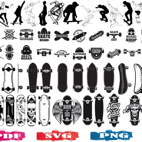 Schaats-SVG | PNG | Pdf | Skaterbundel | Skateboardkunst | Skateboard silhouet | Skateboarddek | Skateboard-illustraties | vector | Cricut