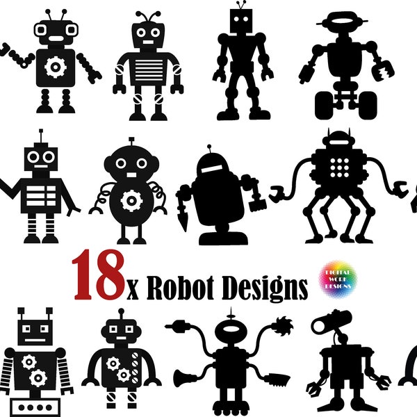 18x Robot Silhouette, Robot SVG,robot png,robot clipart,robot cut file,robot print file,mechanical robot svg,robot art, robots, robot bundle