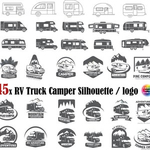 45x Camping car SVG,rv truck silhouette,recrational vehicle,rv van svg,png,eps,jpg,camping svg,camping logo svg,camping badge,rv truck logo