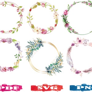 花輪バンドル | SVG | PNG | PDF | 水彩花輪 | ウェディング花輪 | 華やかな花輪 | 花輪クリップアート | 花の円 | アート