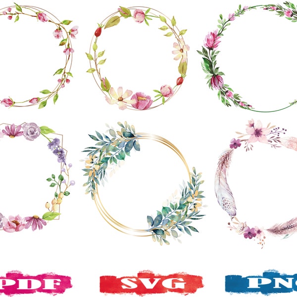 Floral Wreath Bundle | SVG | PNG | PDF | Watercolor Floral Wreath | Wedding Wreath | Flourish Wreath | Wreath Clipart | Floral Circle | Art