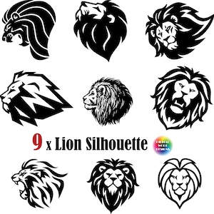 9 x ライオン SVG、動物 SVG、ライオン SVG、ライオンキング、ライオンサベージ SVG、ライオンシルエット、ライオンヘッド、タトゥーライオン、クリカット用、カメオ用