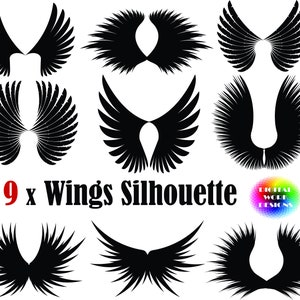 9 x Wings Silhouette Bundle SVG,dxf,eps,psd,png,jpg vectorial,printable,cricut,clip art,craft supplies wing svg,angel wings