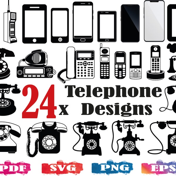24x Telephone SVG | Telephone silhouette | Smartphone SVG | Old telephone | Phone SVG | Phone logo | Vintage telephone | phone clipart | png