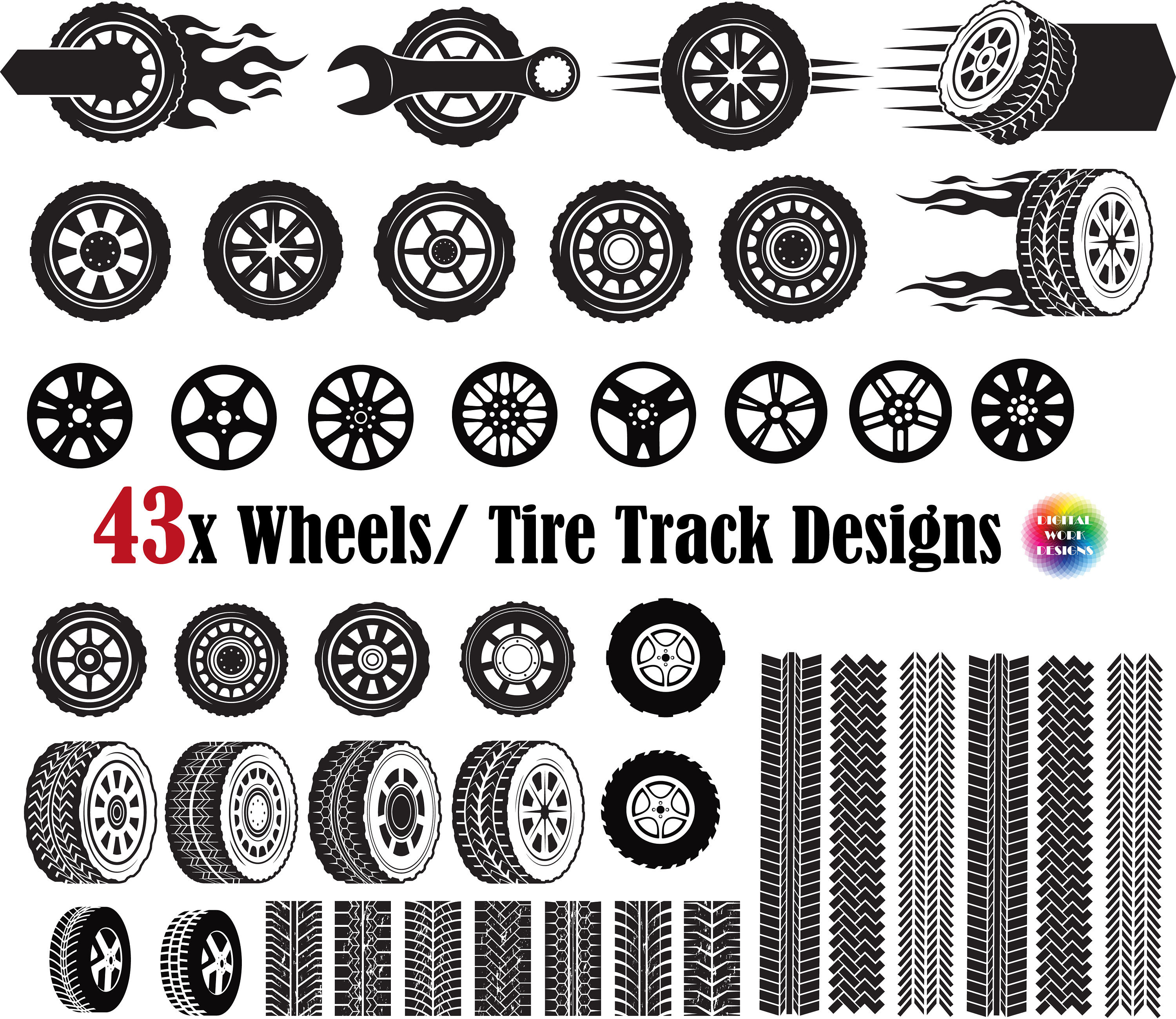 43x Wheel Svg, Tire Track Silhouette, Wheel Logo,wheel Badge